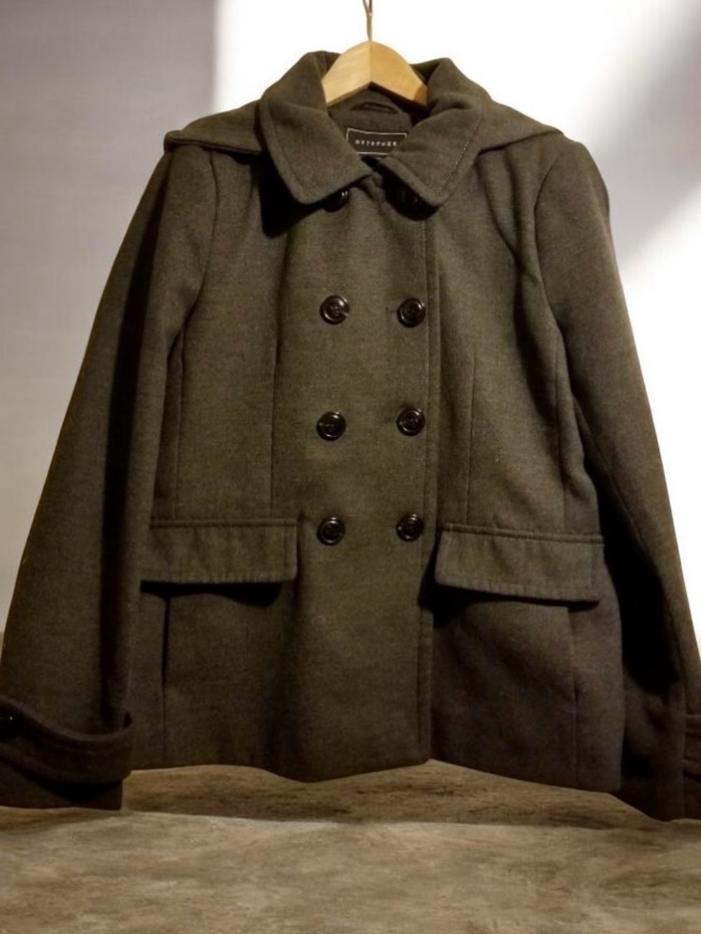 Metaphor Jacket Women's LG Gray Double Breasted Long Sleeve Hooded Pea Coat